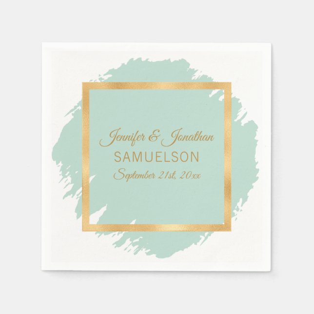 Serviette En Papier Aquarelle Mint Green Gold Frame Mariage (Devant)
