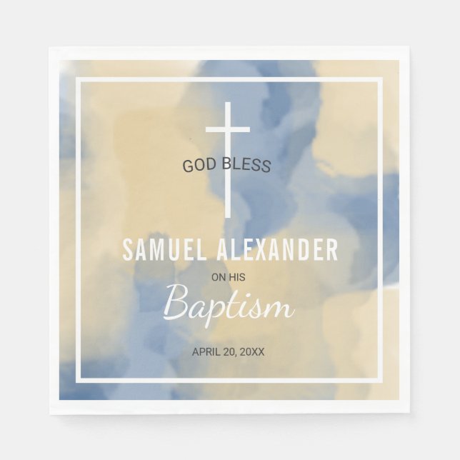Serviette En Papier Aquarelle moderne bleu et or Baby Boy Baptism (Devant)