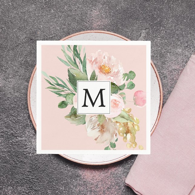 Serviette En Papier Aquarelle moderne Fleurs roses Monogrammes (Créateur téléchargé)