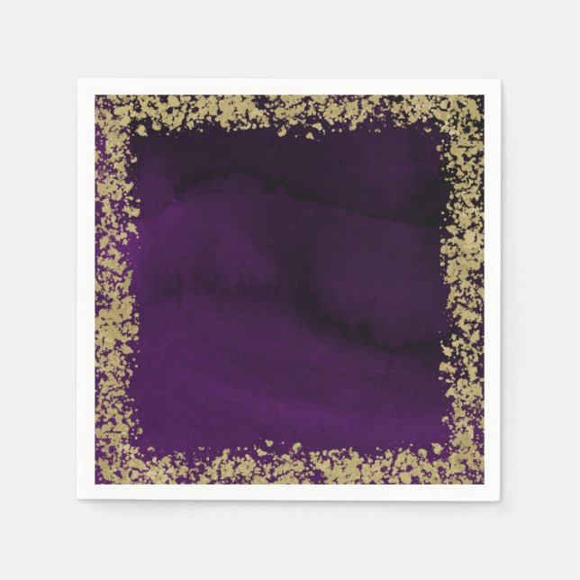 Serviette En Papier Aquarelle moderne Royal violet & or Mariage (Devant)