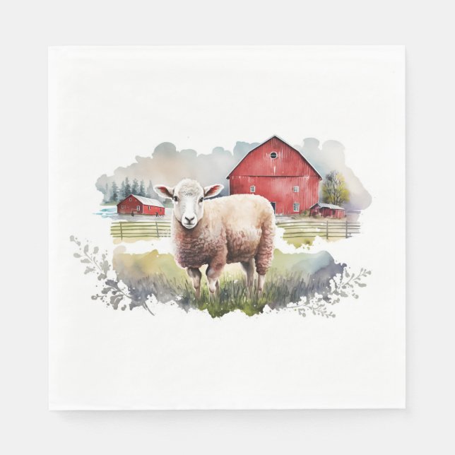 Serviette En Papier Aquarelle Mouton Avec Grange Rouge (Devant)