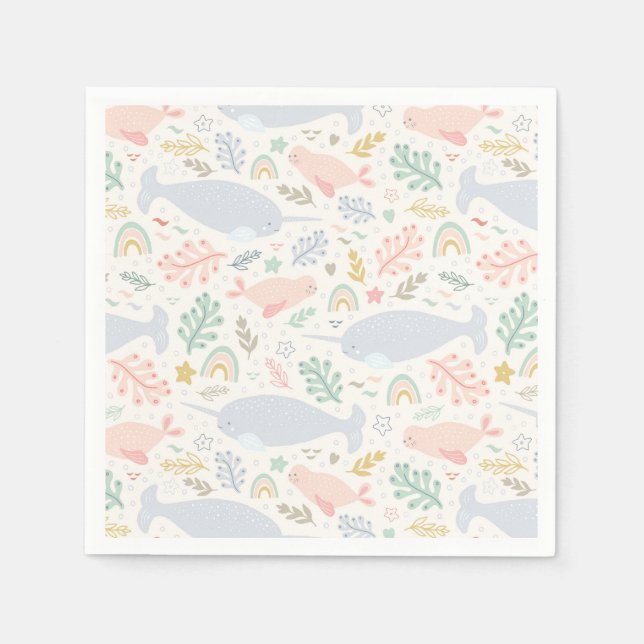 Serviette En Papier Aquarelle Narwhal et Motif de phoque (Devant)