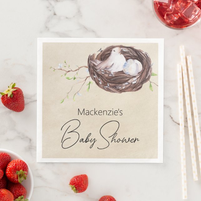 Serviette En Papier Aquarelle Nid d'oiseaux Baby shower rustique (En situation)
