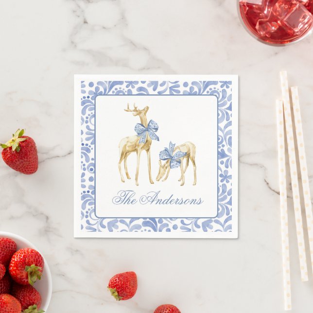 Serviette En Papier Aquarelle Noël bleu Chinoiserie Bow Reindeer (En situation)