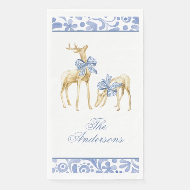 Serviette En Papier Aquarelle Noël bleu Chinoiserie Bow Reindeer (Devant)