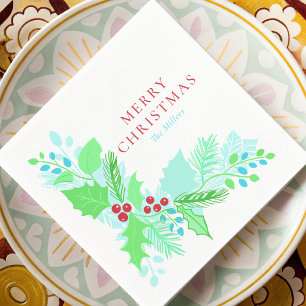 Serviette En Papier Aquarelle Noël Bleu Vert et Rouge Botanique