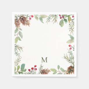 Serviette En Papier Aquarelle Noël Verdure Monogramme