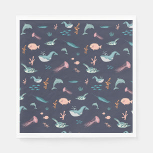 Serviette En Papier Aquarelle Océan Sea Animaux Motif bleu