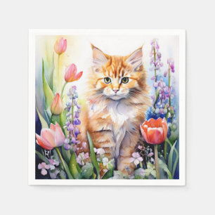 Serviette En Papier Aquarelle Orange Tabby Kitty Chat Dans Le Jardin F