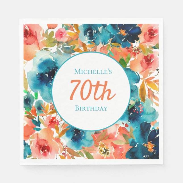 Serviette En Papier Aquarelle orange turquoise Florale 70e anniversair (Devant)