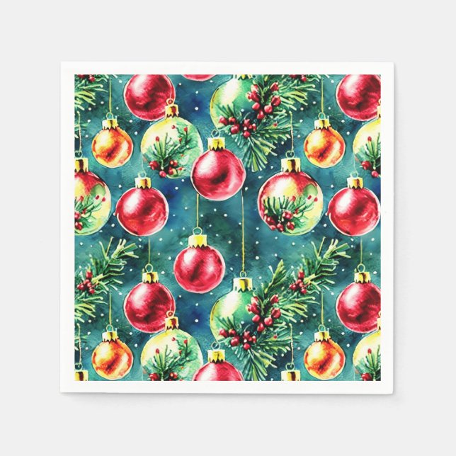 Serviette En Papier Aquarelle ornements de Noël, rouge et vert Turquoi (Devant)