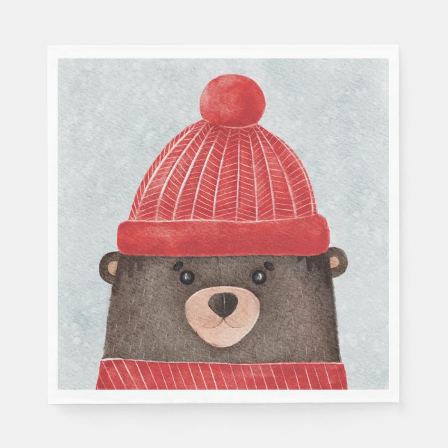 Serviette En Papier Aquarelle ours mignon. animal boisé de Noël (Devant)