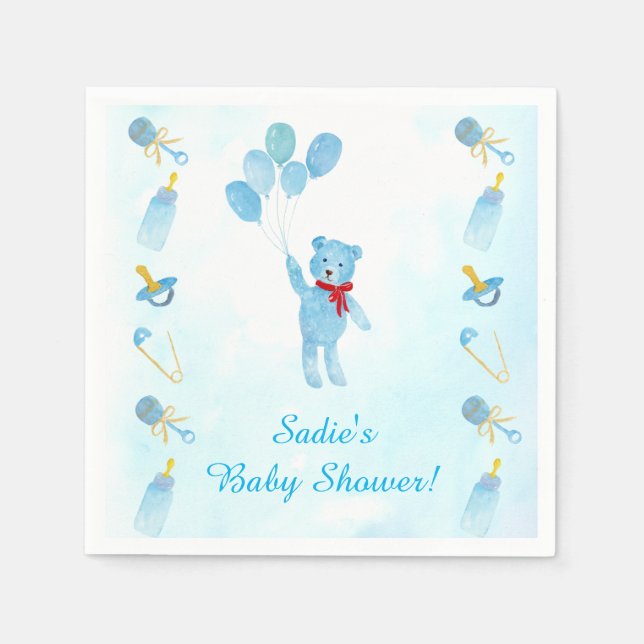 Serviette En Papier Aquarelle Ours Teddy Avec Baby shower Ballons (Devant)