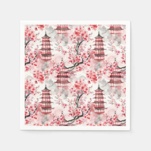 Serviette En Papier Aquarelle Pagode chinoise aux fleurs de cerisiers 