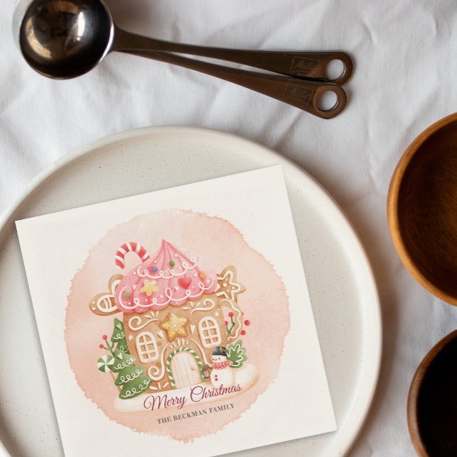 Serviette En Papier Aquarelle pain d'épices Maison Noël Fête (Watercolor Gingerbread House Xmas Holiday Party Napkins)