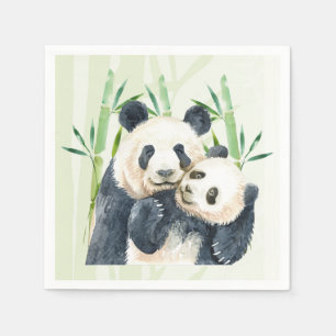 Serviette En Papier Aquarelle Panda Bears Mom & Baby in Bamboo