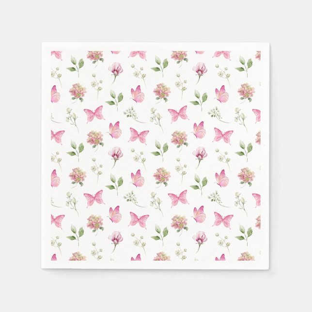 Serviette En Papier Aquarelle Papillon floral rose Baby shower blanc (Devant)