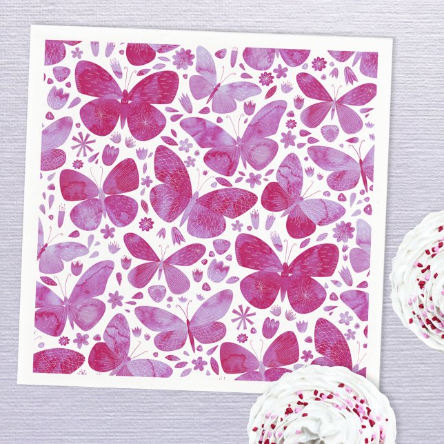 Serviette En Papier Aquarelle papillon Magenta Rose (Magenta hot pink watercolor butterfly pattern paper napkins)