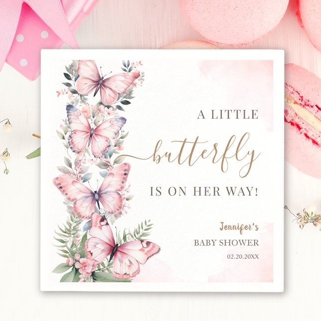 Serviette En Papier Aquarelle Papillon rose Baby shower fille (Créateur téléchargé)