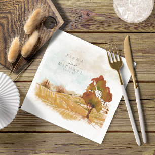 Serviette En Papier Aquarelle Paysage Mariage Automne Gold ID786
