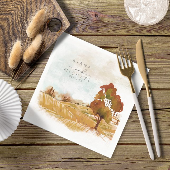 Serviette En Papier Aquarelle Paysage Mariage Automne Gold ID786 (Créateur téléchargé)