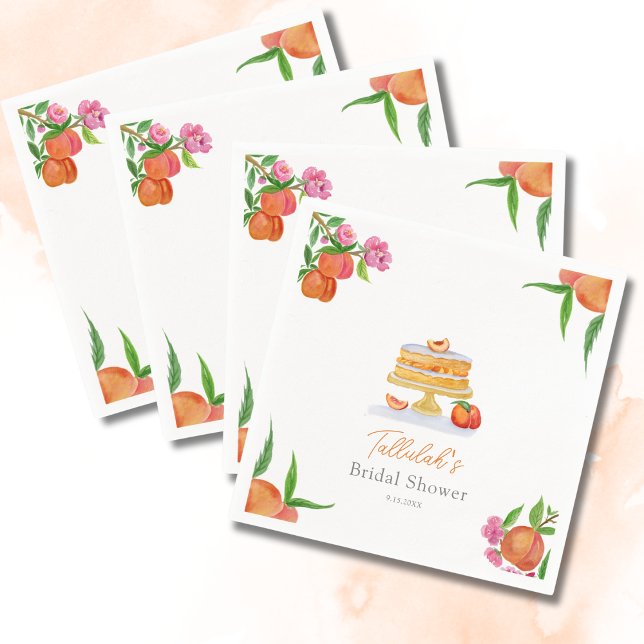 Serviette En Papier Aquarelle Peach Cake Avec Fleurs Douche Nuptiale (Créateur téléchargé)