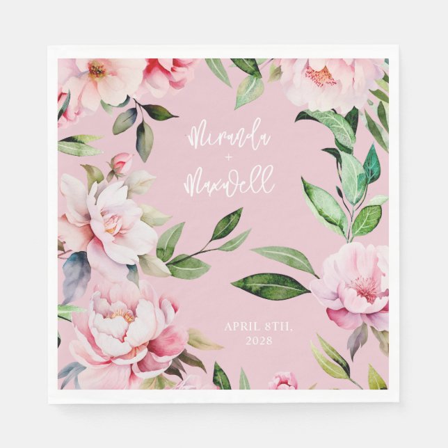 Serviette En Papier Aquarelle Peony Magnolia Mariage rose (Devant)