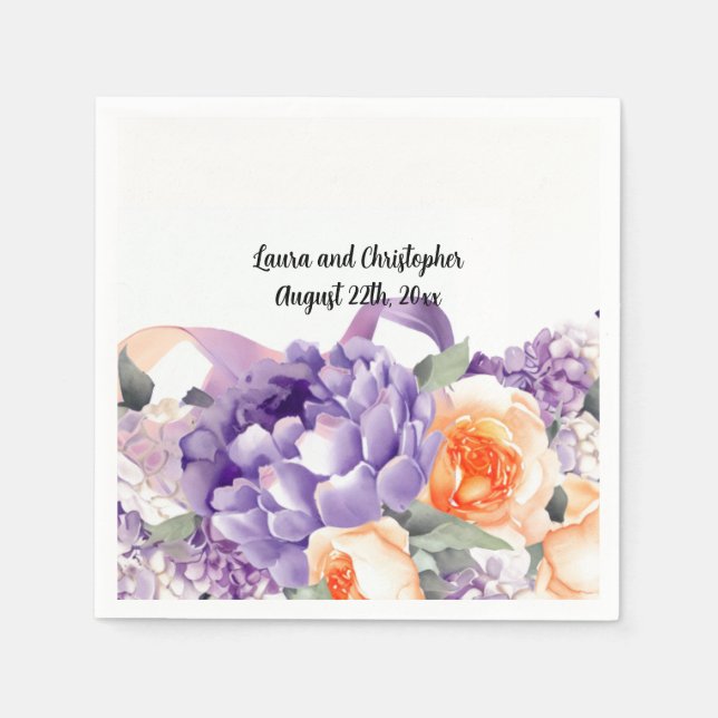 Serviette En Papier Aquarelle Peony Mauve et Papier de pêche (Devant)
