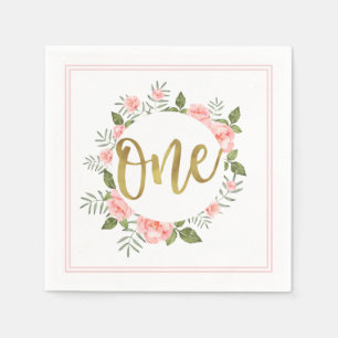 Serviette En Papier Aquarelle Pink Floral Gold un premier anniversaire