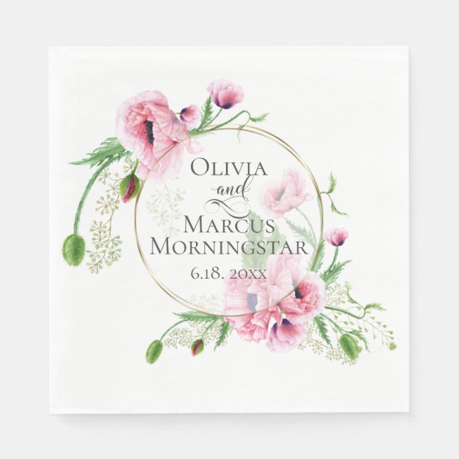 Serviette En Papier Aquarelle Pink Poppies et feuillage (Devant)