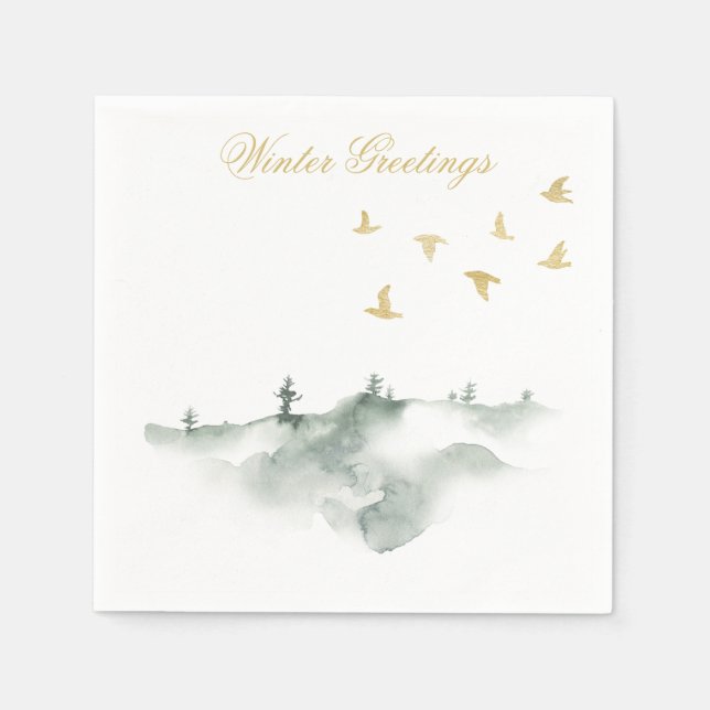 Serviette En Papier Aquarelle Pins et oiseaux Hiver (Devant)