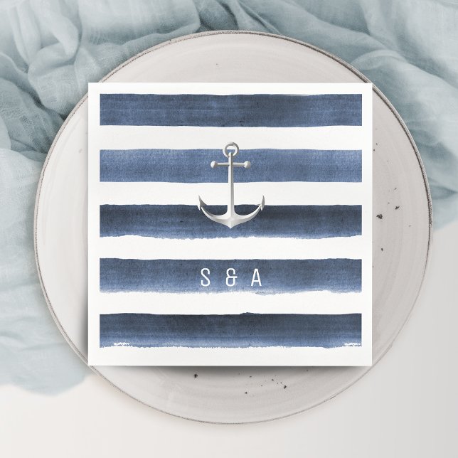 Serviette En Papier Aquarelle rayures marine avec ancre mariage plage (Watercolor navy stripes with anchor beach wedding napkins)