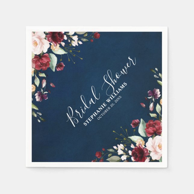 Serviette En Papier Aquarelle romantique Bourgogne Rouge Marine Floral (Devant)
