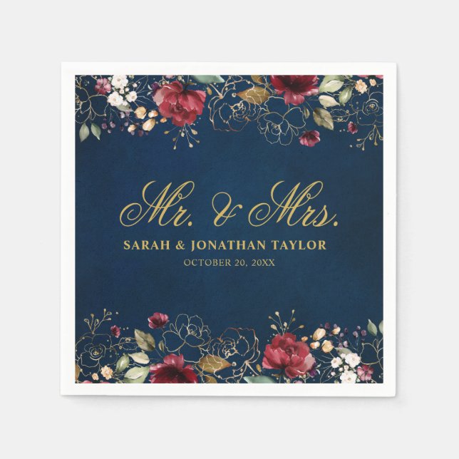 Serviette En Papier Aquarelle romantique Bourgogne Rouge Marine Floral (Devant)