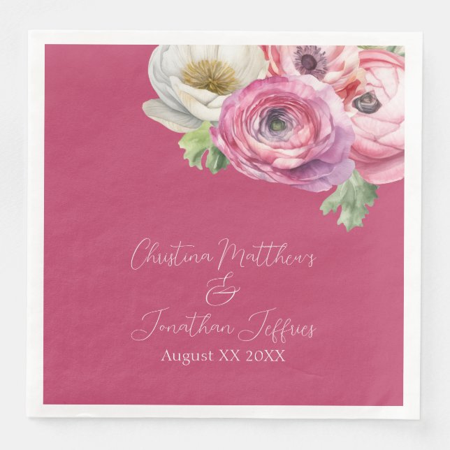 Serviette En Papier Aquarelle romantique Ranunculus rose sur Blush (Devant)