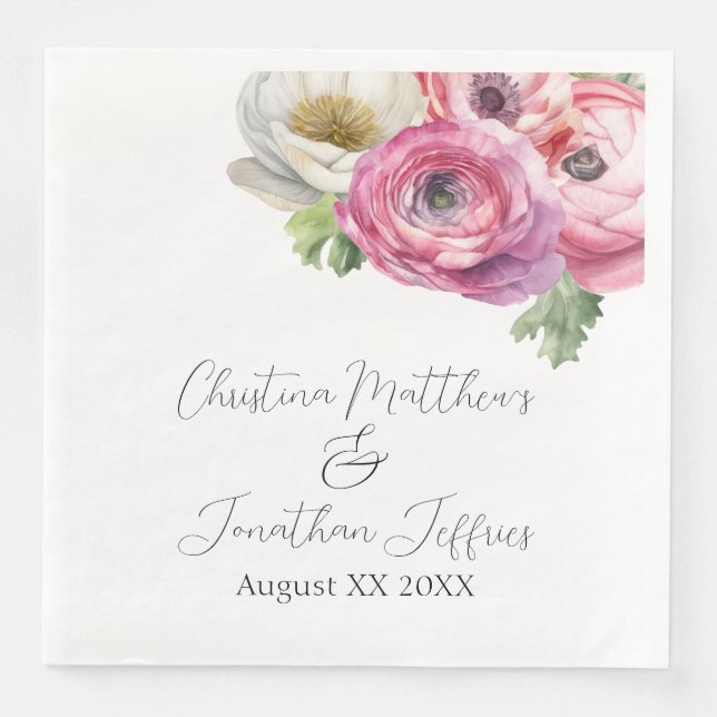 Serviette En Papier Aquarelle romantique Renoncules roses et blanches (Devant)