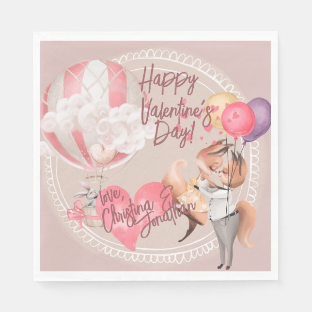 Serviette En Papier Aquarelle romantique Valentine Love Renards sur ro (Devant)