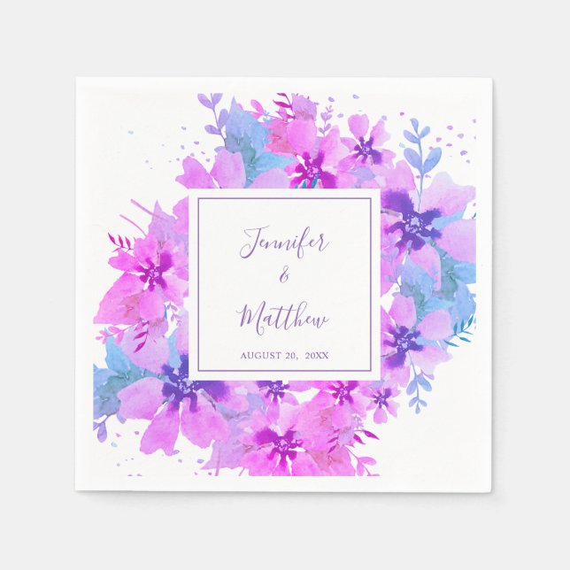 Serviette En Papier Aquarelle romantique violet Mariage floral serviet (Devant)