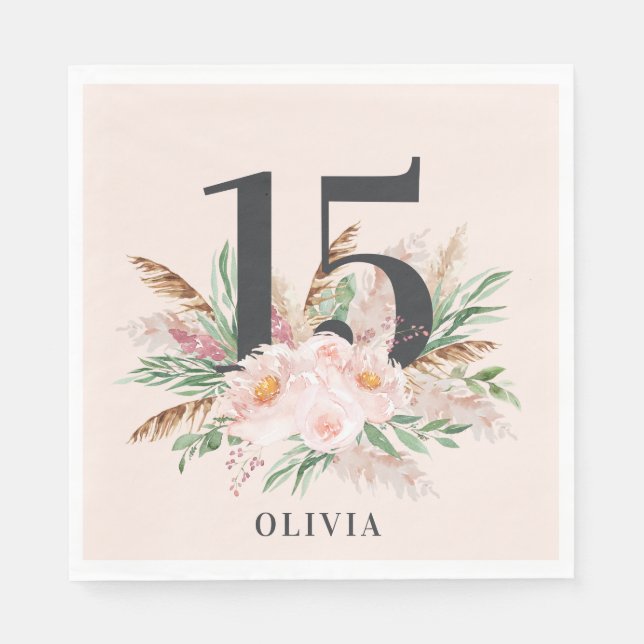 Serviette En Papier Aquarelle rose âge floral élégant anniversaire (Devant)