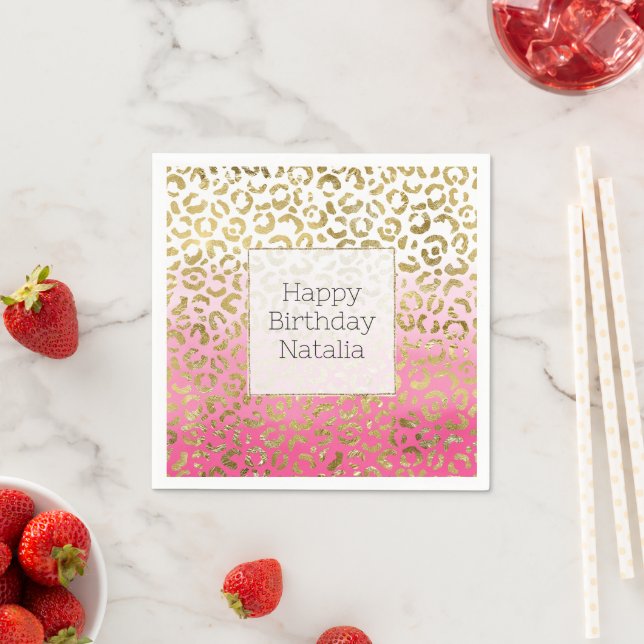 Serviette En Papier Aquarelle rose blanche Empreinte de léopard or gla (En situation)