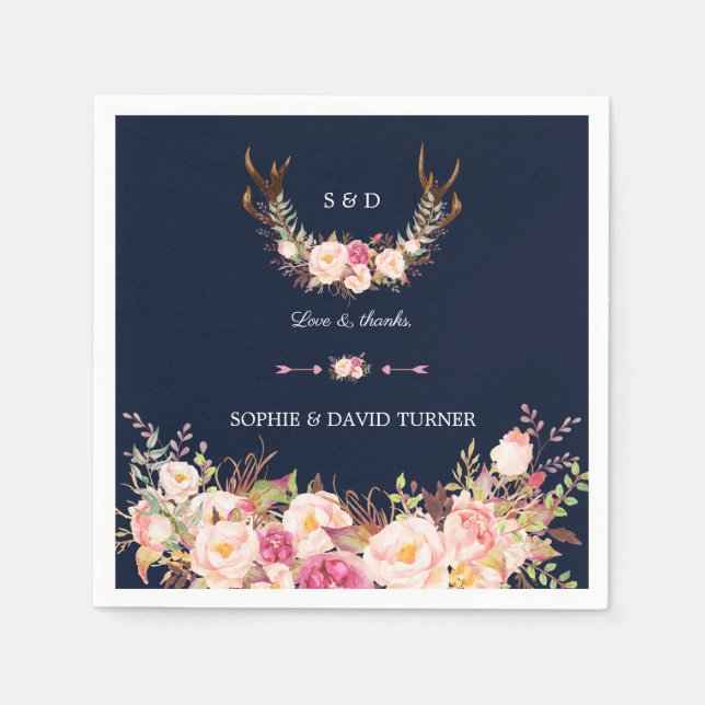 Serviette En Papier Aquarelle rose Blush Floral Antlers Mariage (Devant)