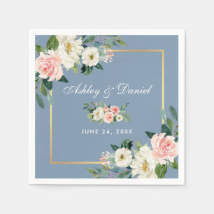 Serviette En Papier Aquarelle rose Blush Floral Dusty Blue Mariage