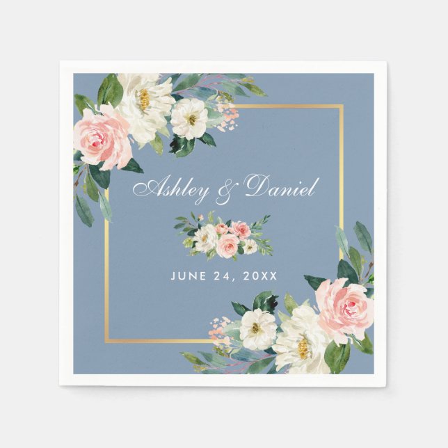 Serviette En Papier Aquarelle rose Blush Floral Dusty Blue Mariage (Devant)