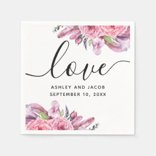 Serviette En Papier Aquarelle rose boho floral et plumes mariage