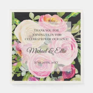 Serviette En Papier Aquarelle Rose Crème rose sur Mariage noir
