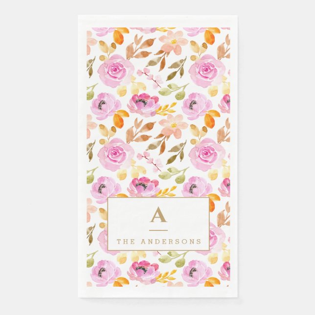 Serviette En Papier Aquarelle rose d'été Famille Florale Monogramme (Devant)