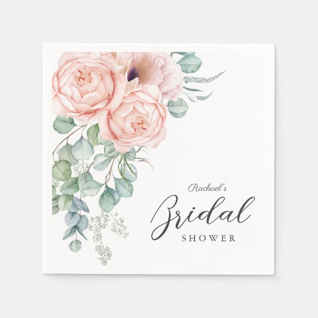 Serviette En Papier Aquarelle rose douce Fête des mariées florale (Devant)