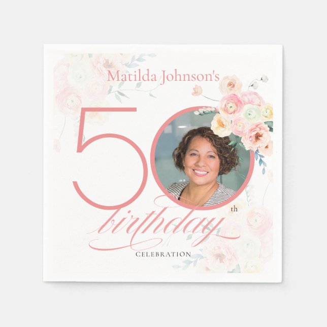 Serviette En Papier Aquarelle Rose élégante photo rose 50e anniversair (Devant)