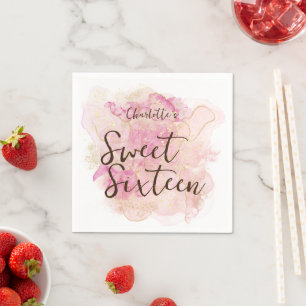 Serviette En Papier Aquarelle rose et or chic Douce 16 Partie