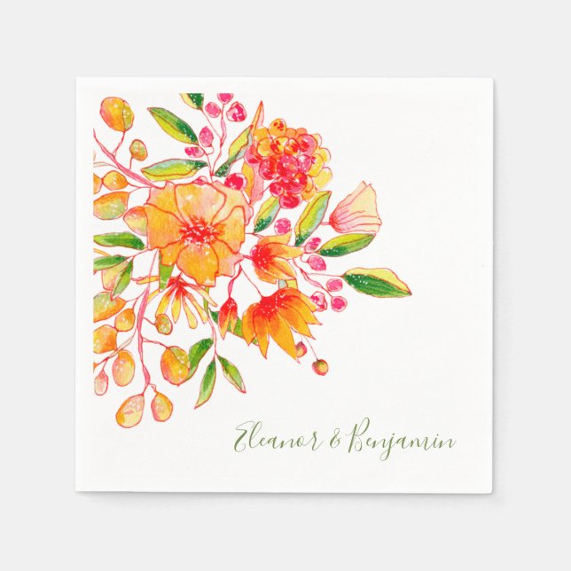 Serviette En Papier Aquarelle rose et orange Mariage floral personnali (Devant)